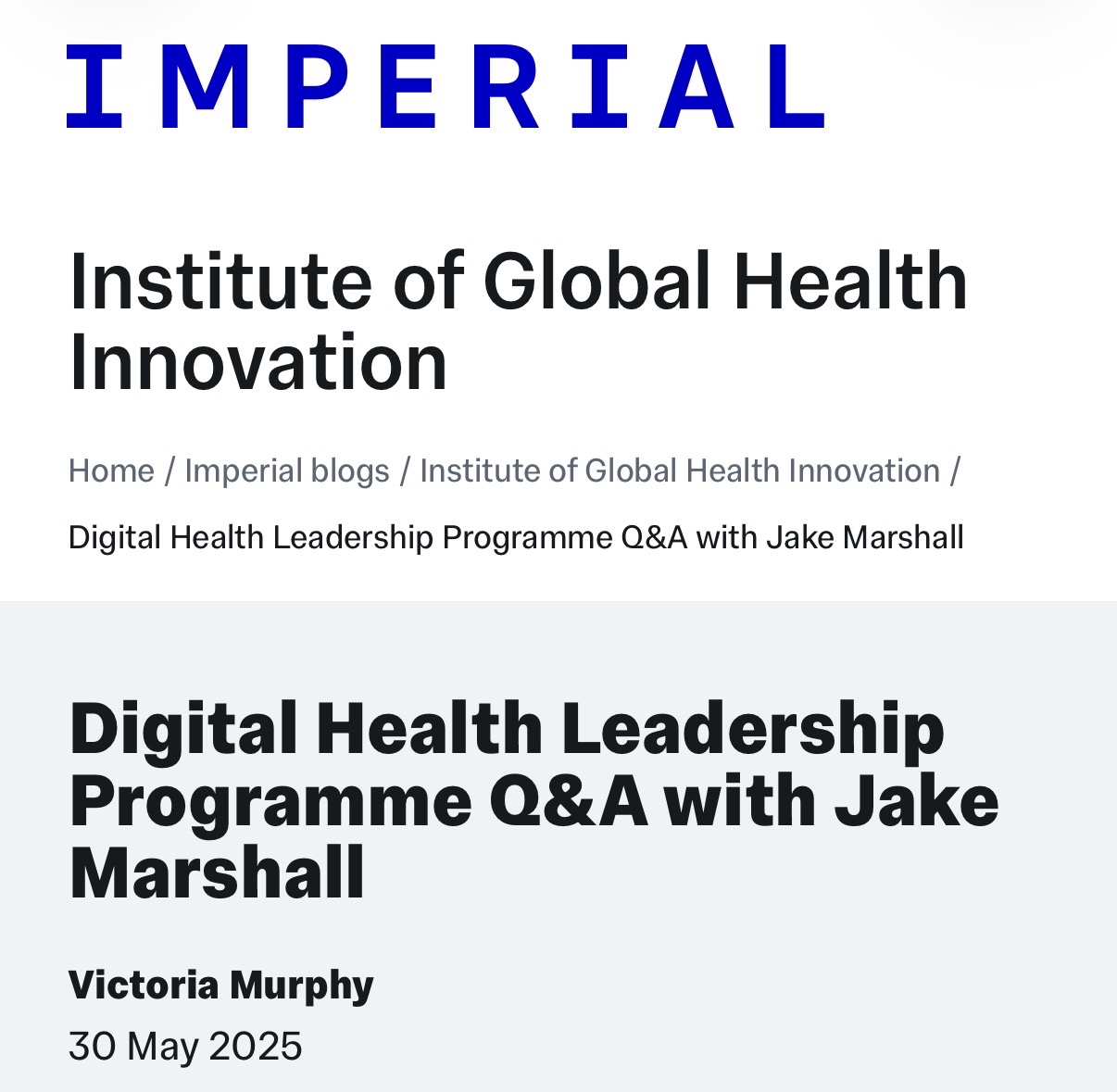 Digital Health Leadership Programme Q&A with Jake Marshall — Imperial College London, IGHI